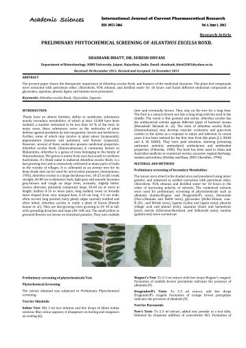 preliminary phytochemical screening of ailanthus excelsa roxb.