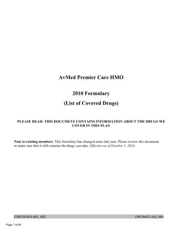 AvMed Premier Care HMO 2010 Formulary (List of Covered Drugs)