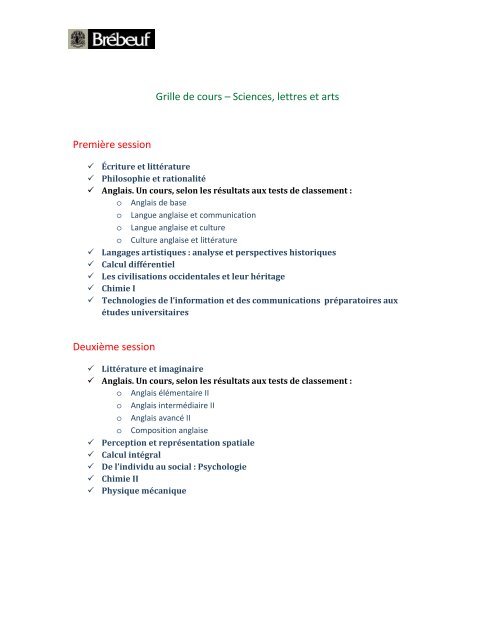 grille de cours a sciences lettres et arts premia re session
