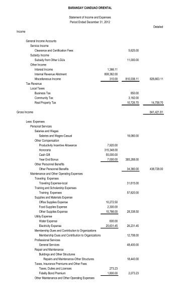 Statement of Income & Expenses - Brgy. Canduao Oriental