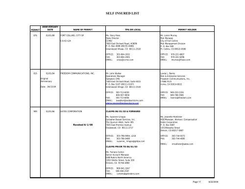 Self insured list - Colorado Department of Labor and Employment