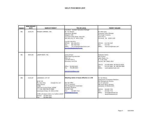 Self insured list - Colorado Department of Labor and Employment