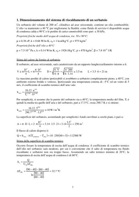 1. Dimensionamento del sistema di riscaldamento di un serbatoio