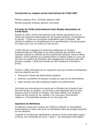 Introduction au congrÃ¨s annuel international de l'ICSA 2007 Michael ...