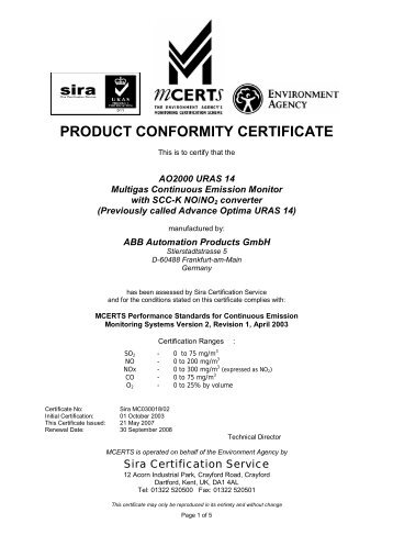 PRODUCT CONFORMITY CERTIFICATE - Sira Environmental