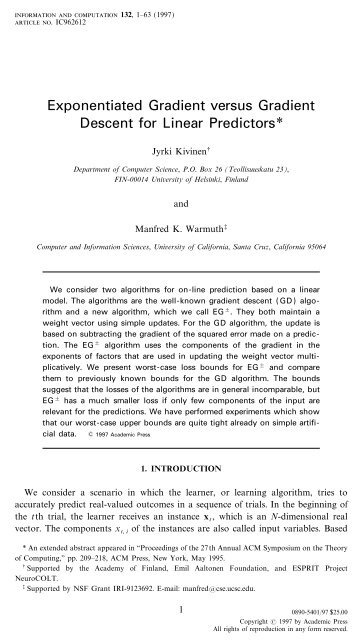 Exponentiated Gradient versus Gradient Descent for Linear Predictors