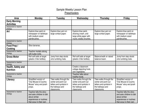 Sample Weekly Lesson Plan Preschoolers