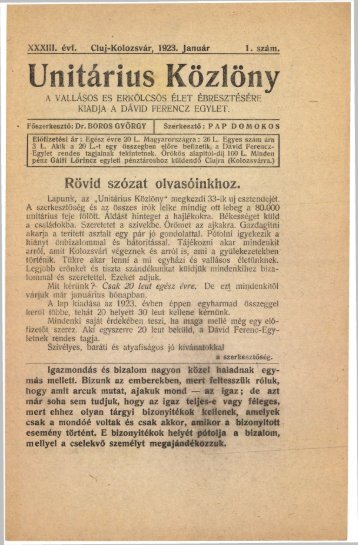 1923 - MagyarorszÃ¡gi UnitÃ¡rius EgyhÃ¡z