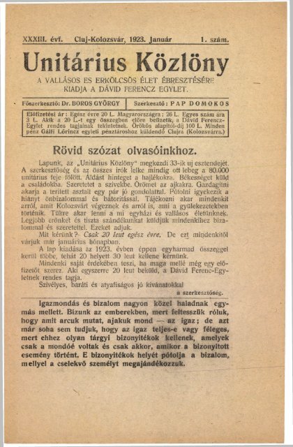 1923 - MagyarorszÃ¡gi UnitÃ¡rius EgyhÃ¡z