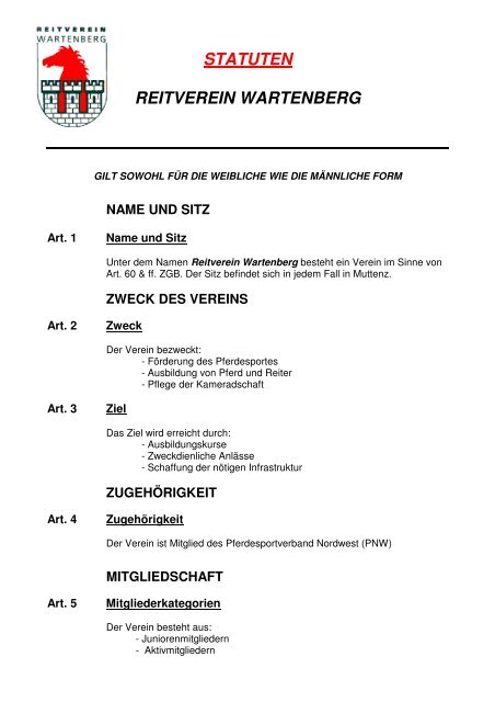 Neue Statuten - Reitverein Wartenberg Muttenz