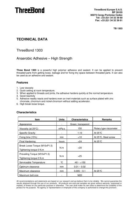 Technical Data Threebond 1303 Anaerobic Adhesive A High