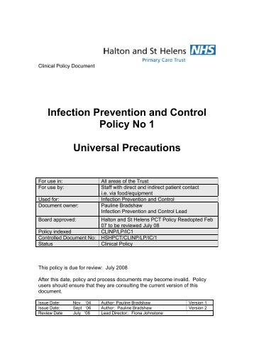 Infection Prevention and Control Policy No 1 Universal Precautions