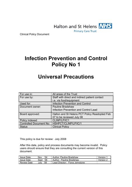 Infection Prevention and Control Policy No 1 Universal Precautions