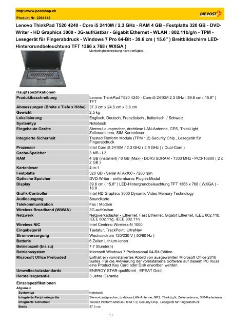 Lenovo ThinkPad T520 4240 - Core i5 2410M / 2.3 GHz - RAM 4 GB ...