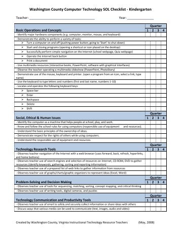 Kindergarten Computer/Technology Checklist - Washington County ...