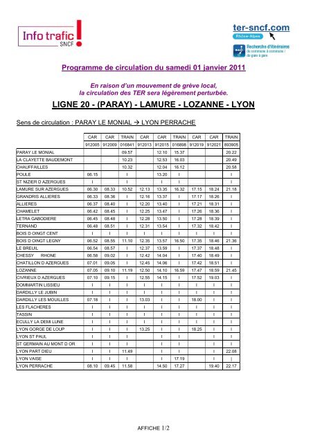 LIGNE 20 - (PARAY) - LAMURE - LOZANNE - LYON - TER SNCF