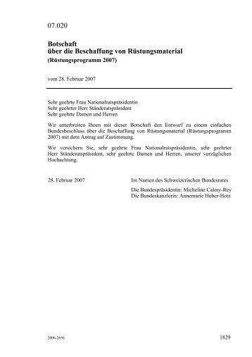 07.020 Botschaft über die Beschaffung von Rüstungsmaterial