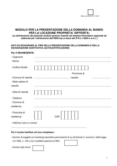 Modulo Per La Presentazione Della Domanda Al Bando Per La