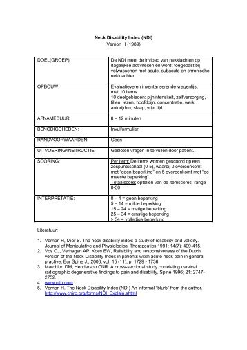 Neck Disability Index (NDI) Vernon H (1989) DOEL(GROEP): De ...