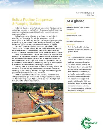 Bolivia Pipeline Compressor & Pumping Stations - Capstone Turbine