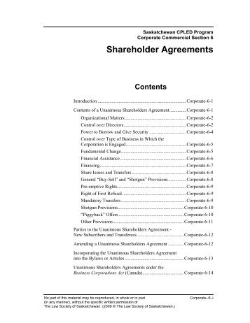Shareholder Agreements - The Law Society of Saskatchewan