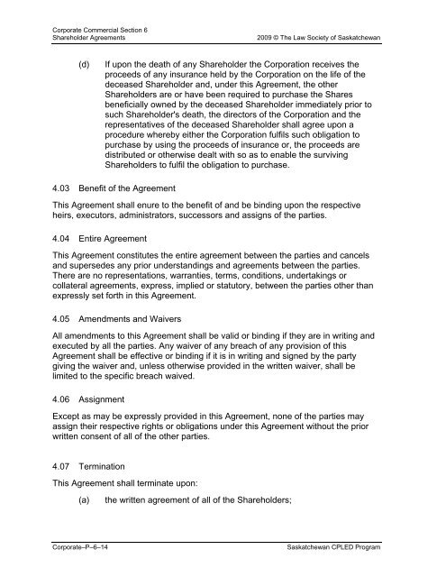 Shareholder Agreements - The Law Society of Saskatchewan