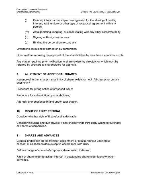 Shareholder Agreements - The Law Society of Saskatchewan