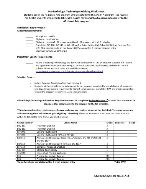 Pre-Radiologic Technology Advising Worksheet - SUNY Orange