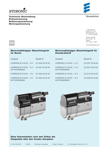 Eberspächer Motorunabhängiges Wasserheizgerät ... - VW-Bus-T4.de