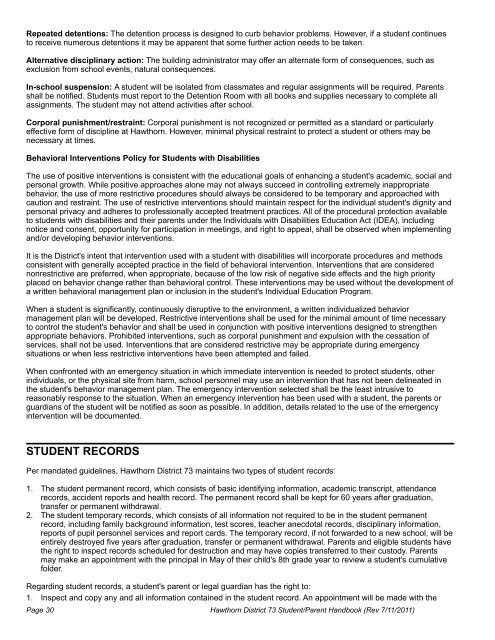 Student/Parent Handbook - Hawthorn School District 73