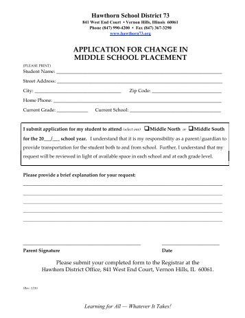 application for change in middle school placement - Hawthorn ...