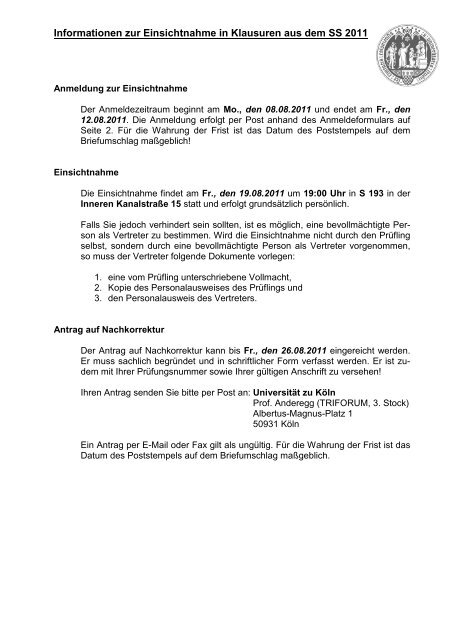 Informationen zur Einsichtnahme in Klausuren aus dem SS 2011