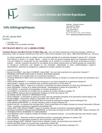 Info bibliographiques - Histoire des thÃ©ories linguistiques