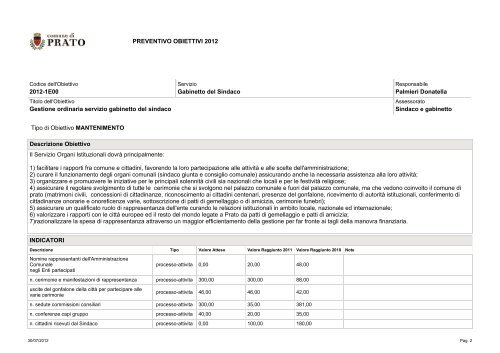 Peg, oiano esecutivo di gestione, obiettivi 2012 - Comune di Prato
