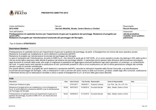 Peg, oiano esecutivo di gestione, obiettivi 2012 - Comune di Prato
