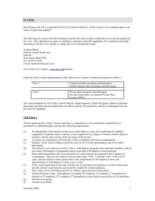 CAA vision standards for flying Dec 2008 - Association of Optometrists