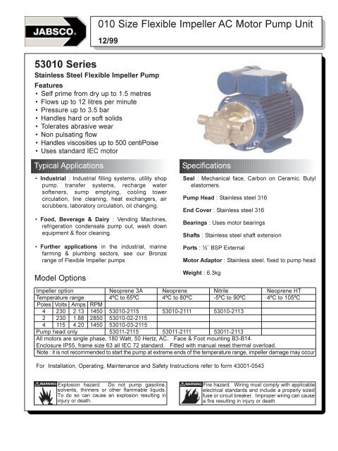010 Size Flexible Impeller Ac Motor Pump Unit 53010 Series - 