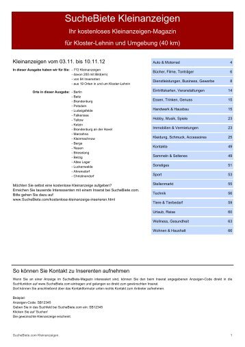 SucheBiete Kleinanzeigen-Magazin Kloster Lehnin