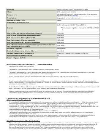 Obiettivi formativi qualificanti della classe: L-11 Lingue e ... - Iulm