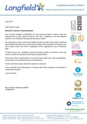 Letter to Parents re signature for cashless catering - Longfield ...