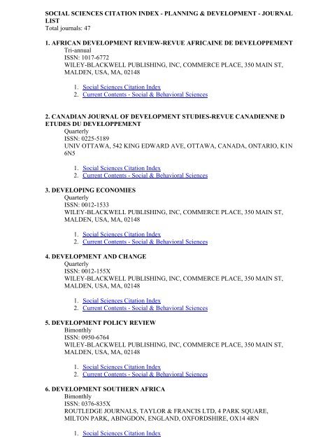 SOCIAL SCIENCES CITATION INDEX - PLANNING ...