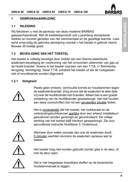 Gebruiksaanwijzing Barbas Unica 50 - UwKachel