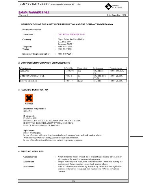  msds  0192 sigma thinner  91 92 SIGMA PAINTS