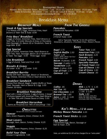 Breakfast Menu - the Boar's Nest