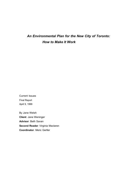 An Environmental Plan for the New City of Toronto: How to Make It ...