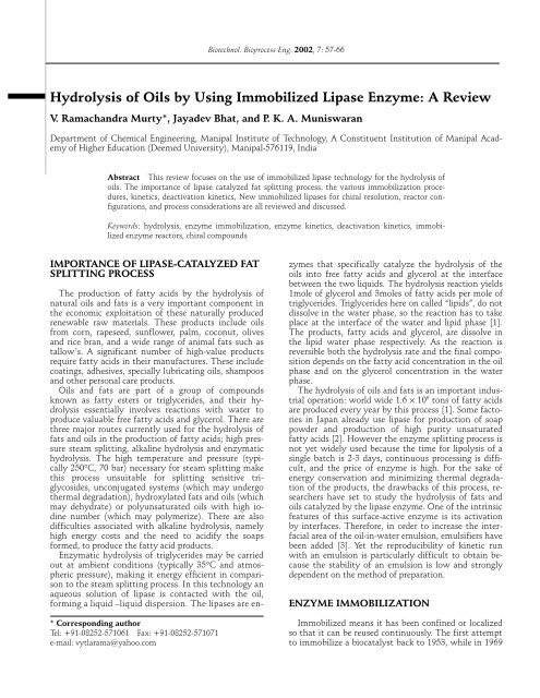 Hydrolysis of Oils by Using Immobilized Lipase Enzyme: A Review