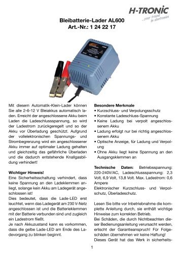 Bleibatterie-Lader AL600 Art.-Nr.: 1 24 22 17