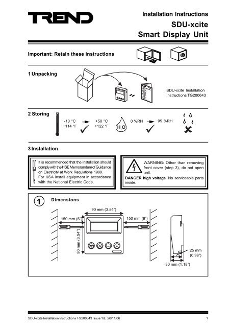 SDU-xcite Smart Display Unit Installation Instructions - Trend Controls
