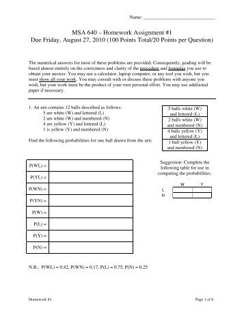 MSA 640 â Homework Assignment #1 Due Friday, August 27, 2010 ...