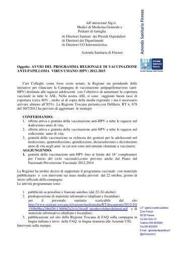 Lettera ASL10 su vaccinazione HPV - Fimmgfirenze.org